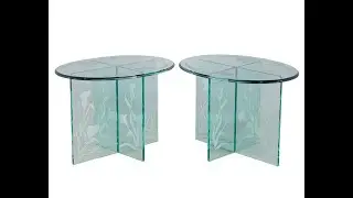 CE-3404 Pair of Vintage Floral Etched Glass Oval End Tables