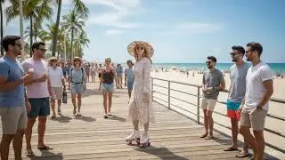 Roller Skate Girl in a Dress on California Boardwalk shows off to onlookers.