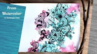 Green & Magenta Watercolor Wash + Black Pen Zentangle  Relaxing Contrast Line Art