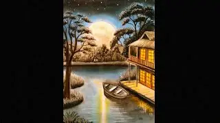 Moonlit Riverside Cottage Drawing | Peaceful Night Scenery Art Tutorial.