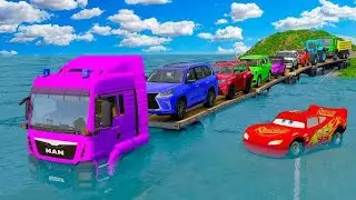Triple Flatbed truck McQueen | transportation with truck - Pothole vs car #16 BeamNG.Drive Gameplay