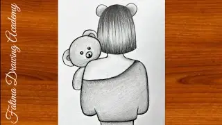 Back View Girl with Teddy Bear | Simple Drawing