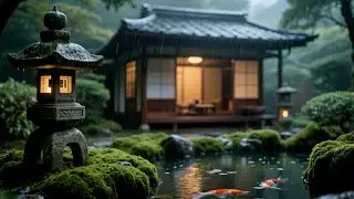 Rain and Piano Music with Sakura Blossoms beside a Traditional Wooden House
