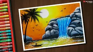 Waterfall Drawing with Oil Pastels - step by step