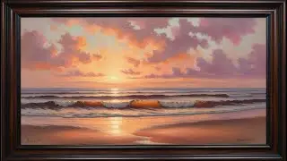 Romantic Sunset Seascape | Warm Waves Painting in Dark Wood Frame | TV Art Screensaver 4K