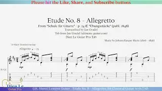 (J.K. Mertz) Lessons Guitar - Etude No. 8 - Allegretto, for Classical Guitar with TAB