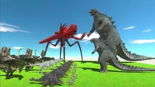 Dinosaurs Revolt Battle With Titanus Red | Who can defeat Godzilla 2014? Animal Battle Simulator