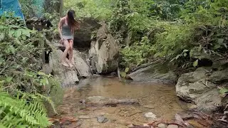 Shy Girl Bushcraft Relaxing at a Riverside Camp with a Stone Fire Pit