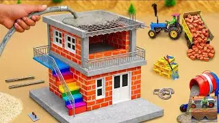 Creative DIY Mini Tractor Building a 2-Story Brick House with Metal Railing | ScienceProject