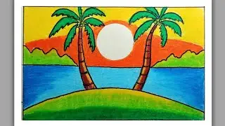 Beautiful Sunset Drawing | Easy Drawing Scenery for Beginners | Landscape Drawing by Oil Pastel |