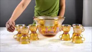 Indiana Glass Princess Gold Carnival Punch Bowl Set