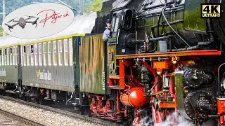 Steam locomotive Pacific BR01 202 train in 4k by drone & closeups near Biel and Lyss Switzerland