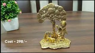 Metal Krishna with Cow Standing Under Tree Plying Flute || Decorative Showpiece