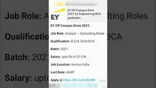 EY Off Campus Drive 2021 B.E/B.Tech/BCA Salary 4.25 LPA Job Location - Across India, Role - Analyst
