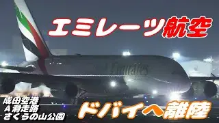 【4K】成田空港 ひこうきの丘 エミレーツ航空 エアバスA380 夜のAランをドバイに離陸