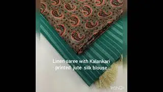 Striped Linen Sarees with Kalankari printed jute silk blouse