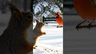 red squirrel and a male Northern cardinal in a snowy setting #relatable #snow #squirrel #cardinal