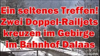 Ein seltenes Treffen! Zwei Doppel Railjets kreuzen au&szlig;erplanm&auml;&szlig;ig im Gebirge im Bahnhof Dalaas!