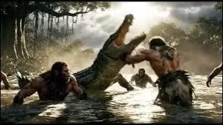 LIFE 5 MILLION YEARS AGO-A band of five ape-like early humans hunting a huge crocodile at river