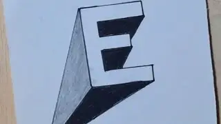 Bold 3D letter E sketch with sharp shadow, clean lines, and strong depth on white paper surface.