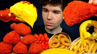 ASMR MUKBANG FLAMIN&rsquo; HOT CHEETOS CHICKEN WITH CHEESE ONION RINGS & FRIES