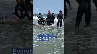 Disabled man rides the waves with help from surfers