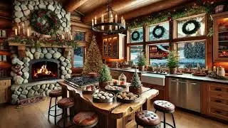 Cozy Christmas Cabin Kitchen Ambience I Fireplace & Snowy Views #Christmasambience #winterambience
