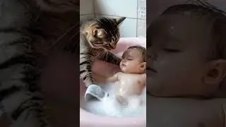 Induk kucing sedang memandikan bayi #funnyvideo #funny #bayilucu #kucinglucu