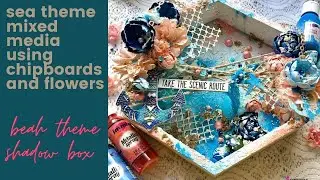 Beach Mixed media on Hexagon shadow box | sea theme mixed media | under the sea shadow box