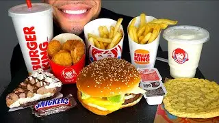 ASMR WENDY'S VS BURGER KING MUKBANG CHICKEN NUGGETS FROSTY WHOPPER SNICKERS PIE *NO TALKING* EATING
