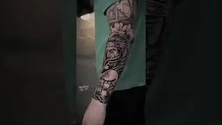 One forearm, many faces.A masked gaze, a silent warrior, drifting temples and distant maps