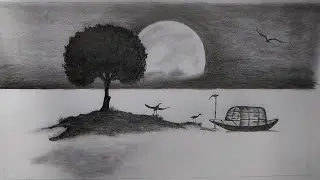 How to Draw Scenery of Moonlight Night bypencil sketch | Love Birds Scenery Drawing
