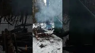 No Tent. Just Tarp & Fire #asmr #snow #campfire #nature #campping #campingsounds #winter #creekcamp