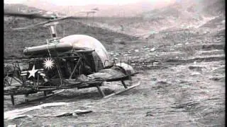 US Air Force H-13D Siox helicopter takes off with a wounded US soldier from Kachi...HD Stock Footage