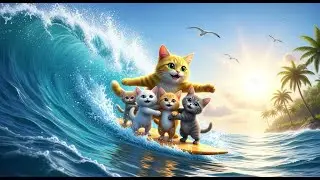 🐱🌊 Mama Cat and 3 Kittens Surf the Giant Waves! Epic Ocean Adventure! ☀️🏄&zwj;♀️