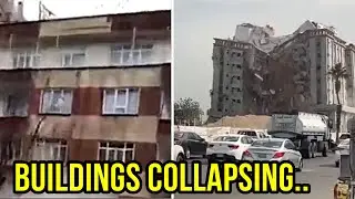 The moments of the EARTHQUAKE in Turkey. Buildings collapsing like a pack of cards..