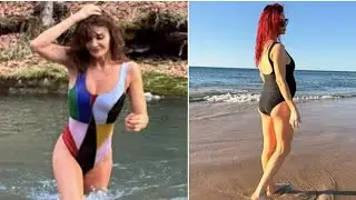 Helena Christensen and pregnant Dianne Buswell slip into swimsuits for a Christmas dip
