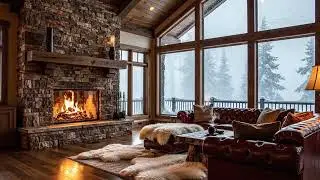 Cozy Mountain Cabin | Peaceful Winter Morning with Falling Snow & Crackling Fireplace