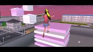 樱花校园模拟器:逃离绿色怪兽跑路，主要颜色是粉色和白色。