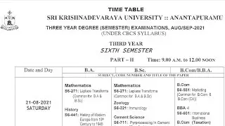 Degree 6th sem Exam time table | Aug/Sep 2021 | SK University