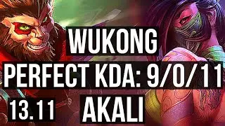 WUKONG vs AKALI (MID) | 9/0/11, Legendary, 500+ games | KR Master | 13.11