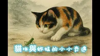 貓咪與蚱蜢的小小奇遇:一隻貓咪與一隻蚱蜢在山中安靜又溫柔的邂逅