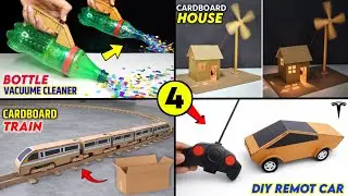 4 best Cardboard projects , how to make train , windmill house , tesla car , DIY vaccume cleaner