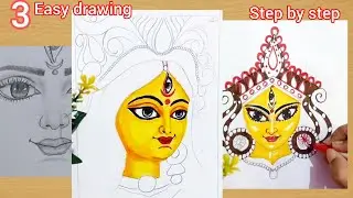 3 Maa Durga Face Drawing Tutorial | Maa Durga Drawing Easy Step by Step | Durga Puja Special drawing