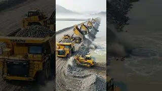 Massive Dump Truck Convoy Building Coastal Rock Embankment