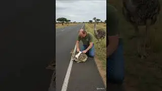 A kind man helped a baby Ostrich and his mother on the road #animalrescue #wildliferescue #animal