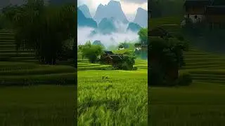 This serene video showcases a peaceful, misty mountain landscape with traditional houses