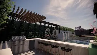 Celina, TX Sleek, Modern Backyard Pool Design, w/ sunken fire-pit and kitchen