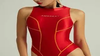 AMORESY Women Satin Glossy Sunscreen Red Zipper One Piece Swimwear Leotards Bathing Suit