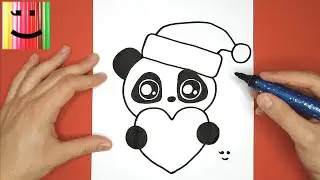DESSIN SYMPA ET FACILE POUR NOËL - PANDA AVEC UN COEUR ET BONNET ROUGE